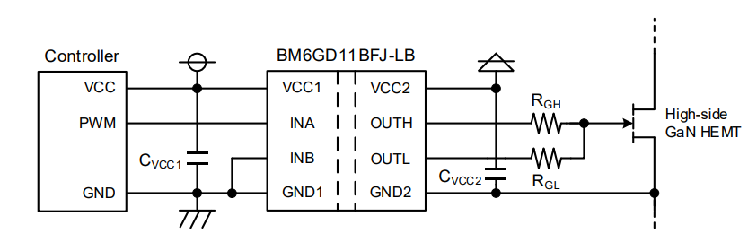 应用电路图 - ROHM Semiconductor BM6GD11BFJ-LB单通道栅极驱动器